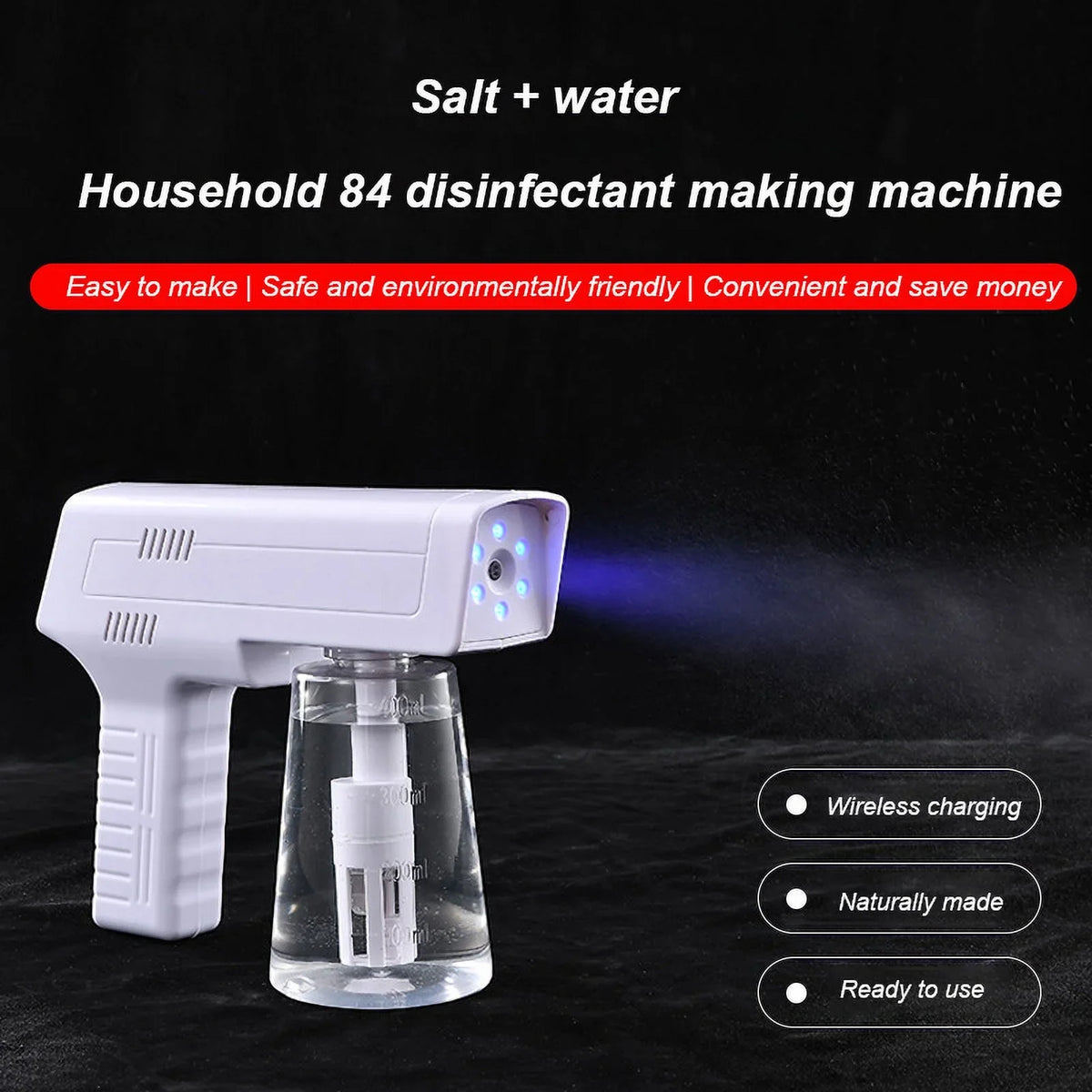 Spray 3-in-1 Maker, Electrolysis Blue Gun Disinfection Water NaClO and Generator, Light Disinfectant