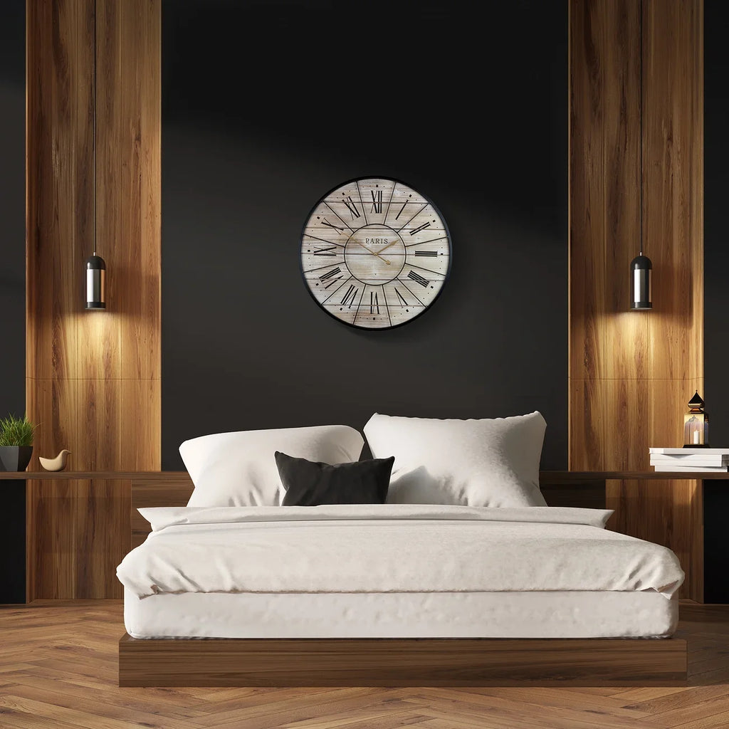Analog Rustic Decorative Numeral Wall Room, Farmhouse Roman Clock, Oversized Wood Large Paris Decor Parisian for Round Metal Modern Living 24” Country Hands, Centurion Ideal Clock, French Sorbus