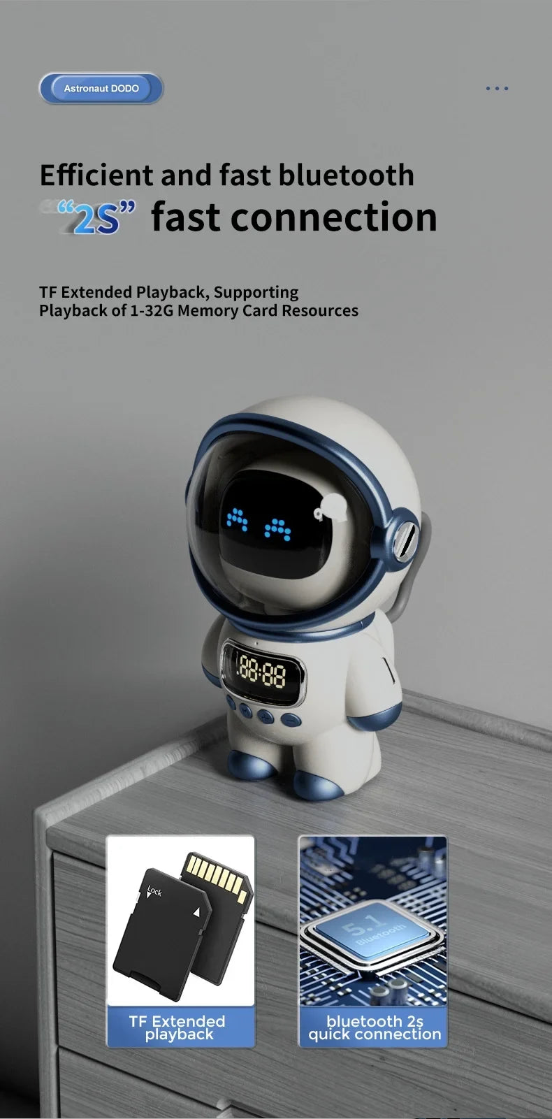with Bluetooth Astronaut-Shaped Sleep Clock, Support Speaker Night Card TF and Radio, Smart Alarm, Light FM