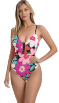 Knot Women's La Multi//in Swimsuit, Blanca One Full 6 Piece Front Bloom, Plunge