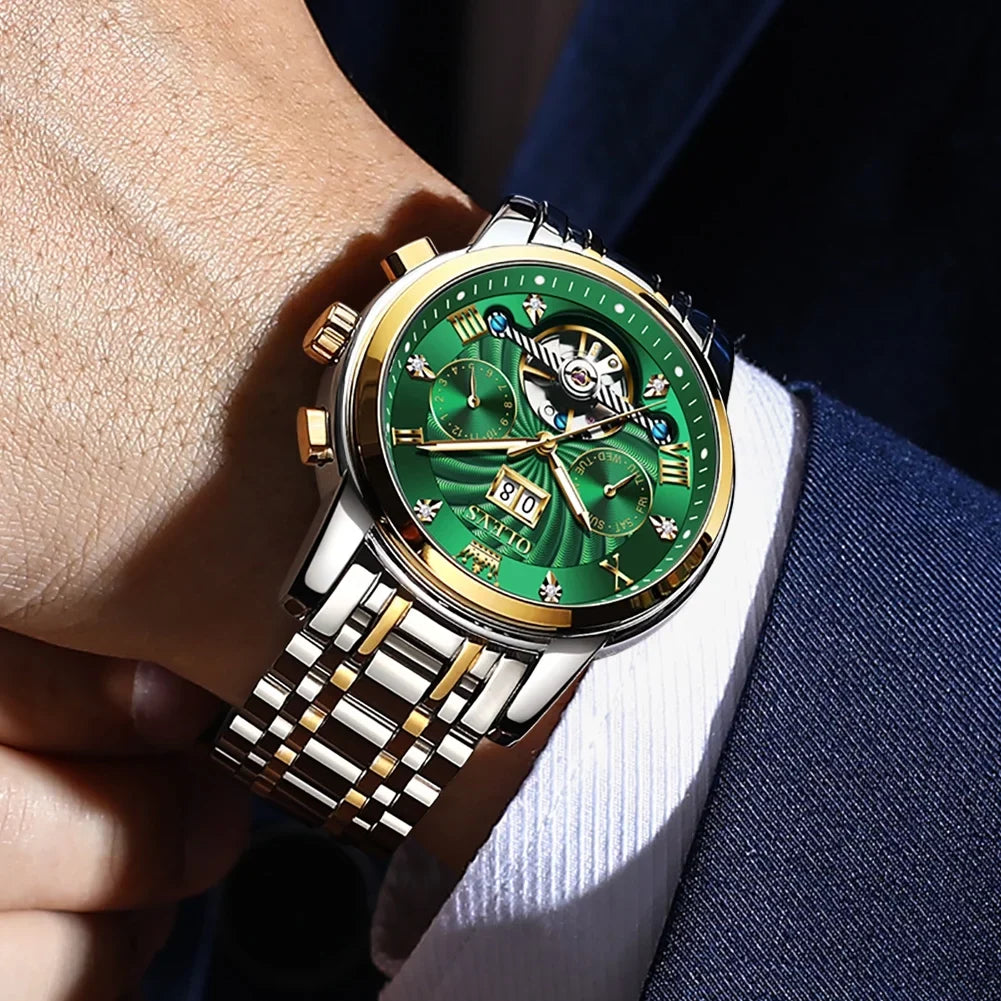 Automatic Mens Dress OLEVS Watches Diamond Business Stainless for Watches Steel Band Skeleton Men Self-Winding Luxury