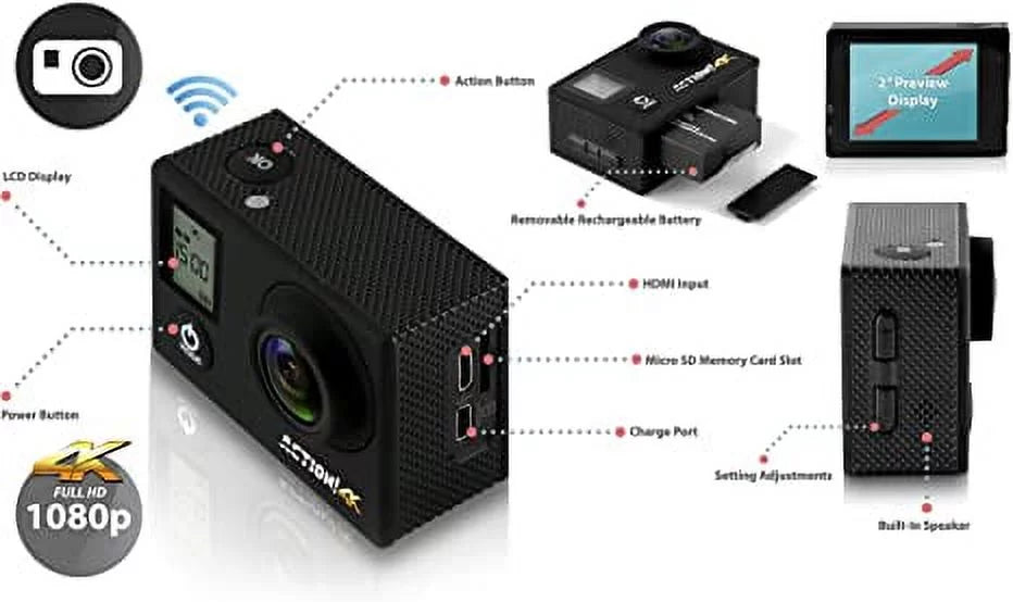 4K HD Sport Digital Video UHD Mini Wi-Fi SereneLife Ultra Pro - Kit Camcorder Action Camera 1080p