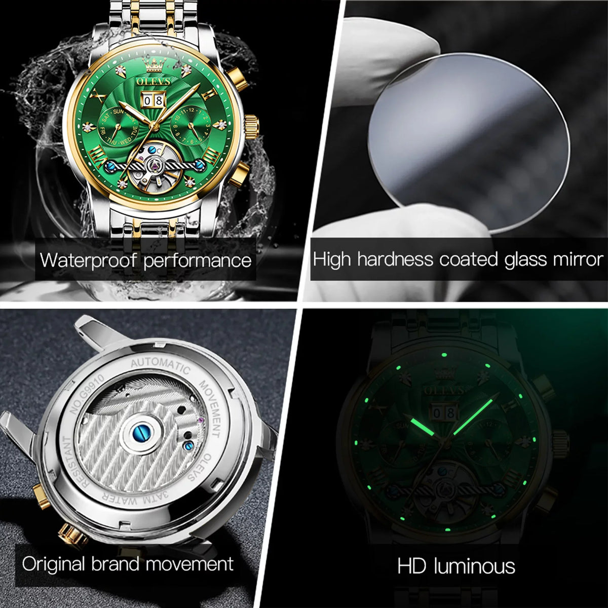 Automatic Mens Dress OLEVS Watches Diamond Business Stainless for Watches Steel Band Skeleton Men Self-Winding Luxury