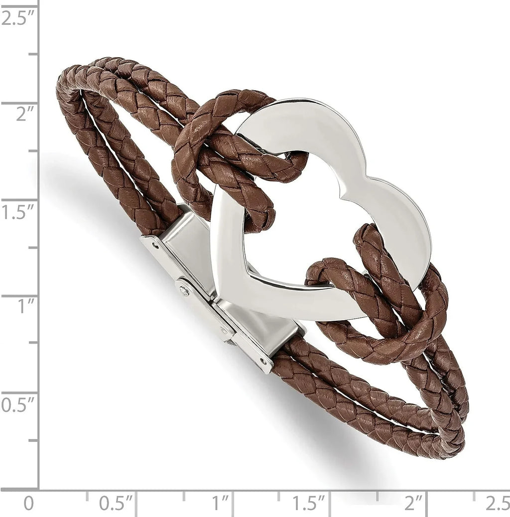 Bracelet - Stainless Steel Leather Chisel Brown Polished 7.5" Heart Braided