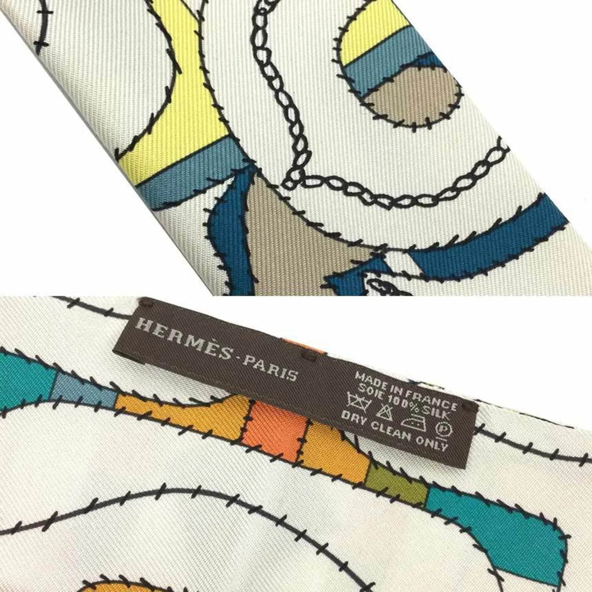 HERMES Orange Muffler Silk Blue 100% Twilly White x Scarf Hermes (Good) Pre-Owned