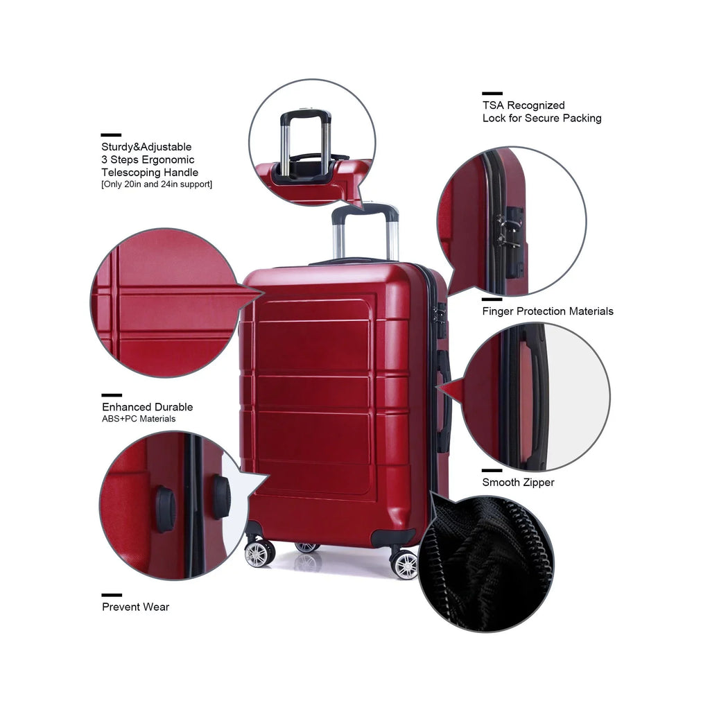 Lock, 3pcs TSA Luggage with Hardside 20"+24"+28" Luggage, Red Traveling Set,
