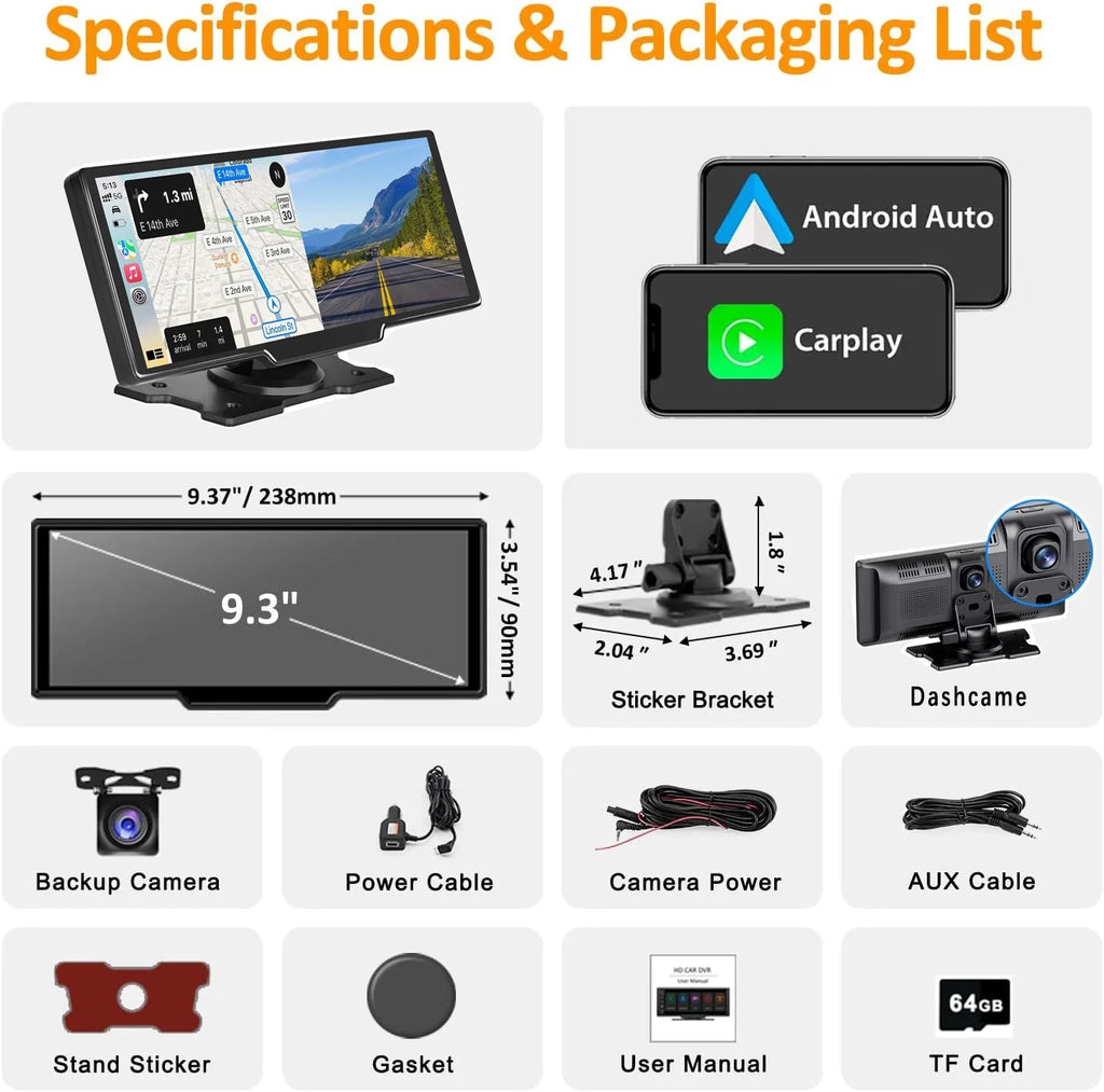 Carplay Camera, Navigation 9" Wireless GPS CAIHONG Receiver Car Auto, Android Head Dash Bluetooth, Recording, IPS Stereo Unit, Car with Portable Screen, HD - Cam 2.5K Backup 1080p Radio Loop