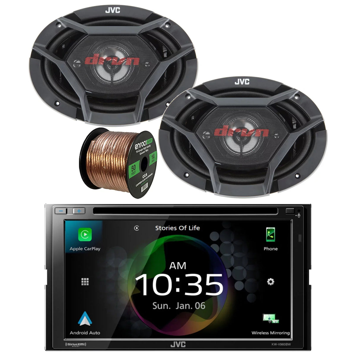 2x CD/DVD Watt Speaker 4-Way Bundle Factory 16G Receiver Car Upgrade Radio Audio Wire Speakers Double Coaxial AM/FM Power and Bluetooth 550 DIN Player JVC Dual Combo 6x9" Car Peak USB KW-V960BW with