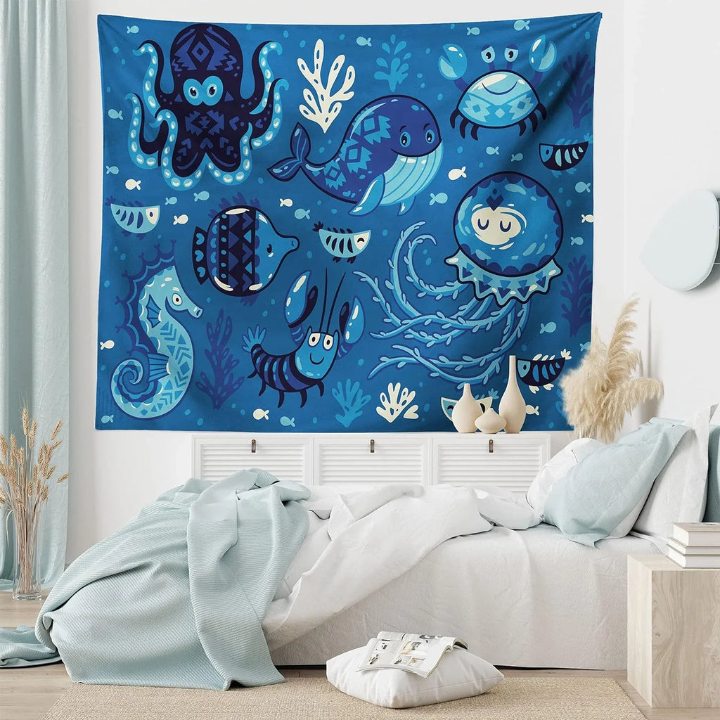 45" Wall Blue 30", Moss Hanging Sealife Ocean And For X Octopus Tapestry, Deep Living Little Whale Fish Cartoon Room Print, Fabric Bedroom Decor With Dorm, Animals
