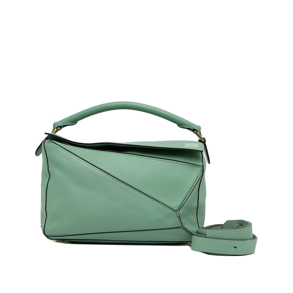 LOEWE (Good) Satchel Puzzle Green Leather Medium Pre-Owned Calf Unisex Authenticated