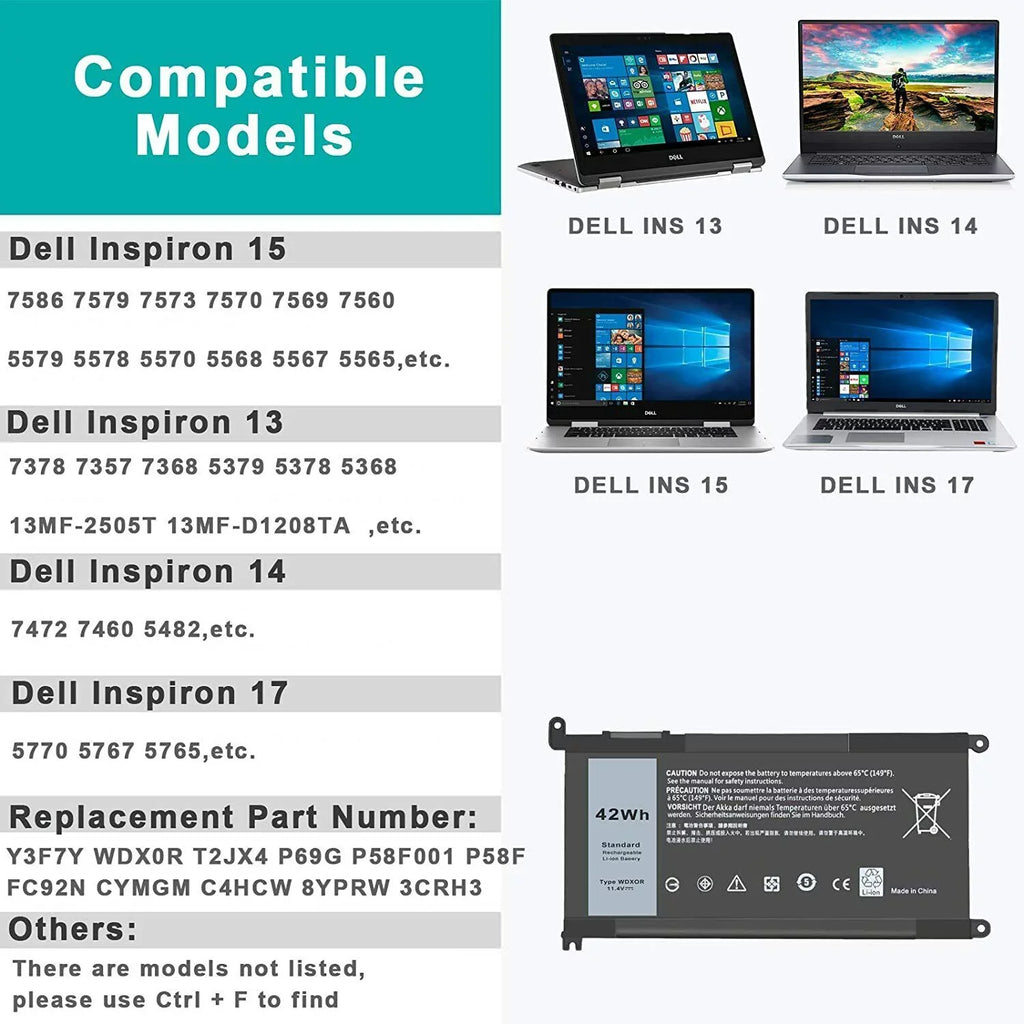 7368 15 7569 7579 Battery 5567 13 FC92N Inspiron 5368 WDX0R Dell 5568 10x For