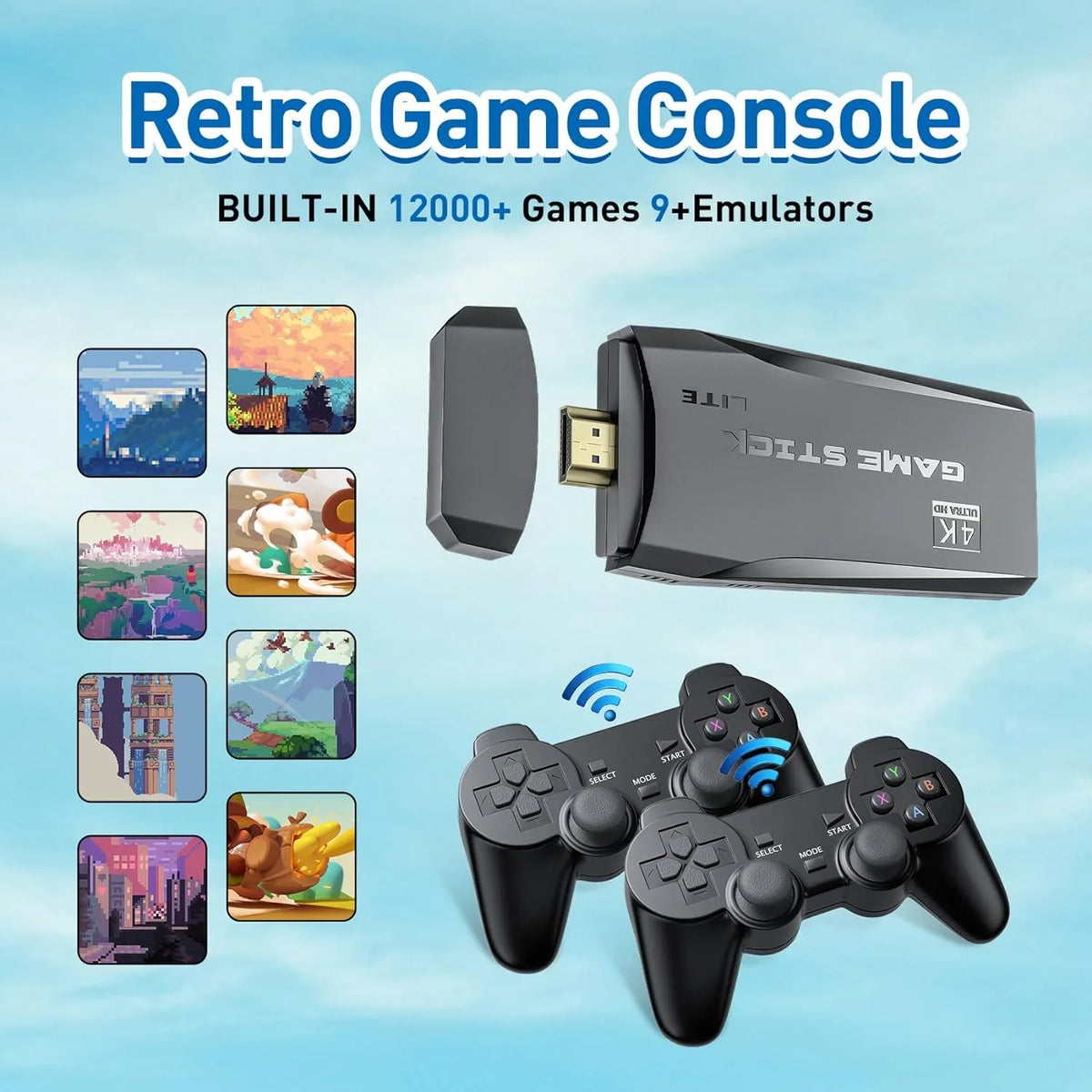 Retro for 12000+ Games,9 4K Wireless HD Retro Gamepads(64G) Game Emulator Support Video Stick - Emulators,Plug Play TV,Nostalgia Games Preloaded Stick Port,2 Console Classic and