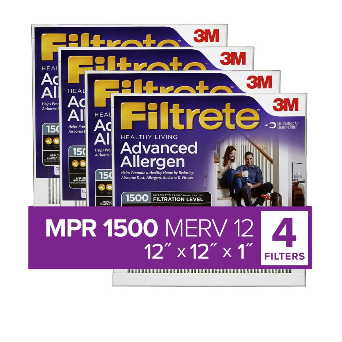 Advanced Filter, 12, 12x12x1 Reduction, Air 1500 Filters MPR MERV Allergen 4 Filtrete