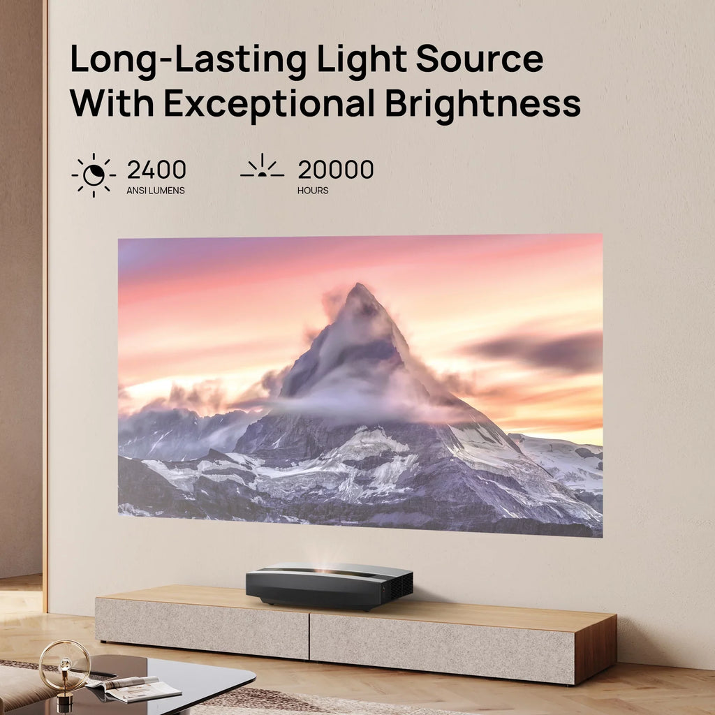 OS AURA TV Laser with 4K Short Kardon Ultra Projector Android Harman Speakers, XGIMI Throw