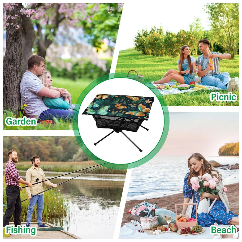 Portable Fishing Compact Outdoor BBQ Bag Travel Beach Table Leave Floral Butterfly Camping Folding with Table for Storage Table Picnic