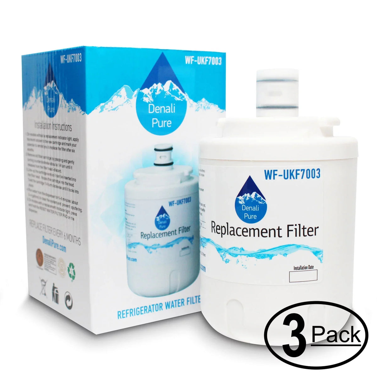 '- Filter Filter Maytag with Refrigerator Water UKF7003 Water Compatible Fridge Maytag 3-Pack Cartridge Replacement for MSD2554FRA Pure Brand Denali -