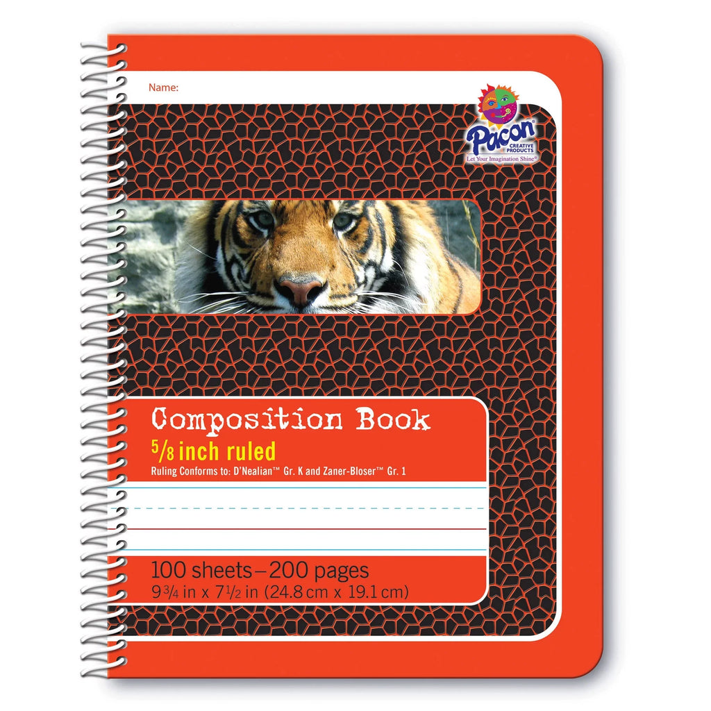 200 Book, 9.75" Pages, Ruled, 7.5", Pack Bound, Red/Tiger, Spiral Composition 12 x 5/8" of Primary
