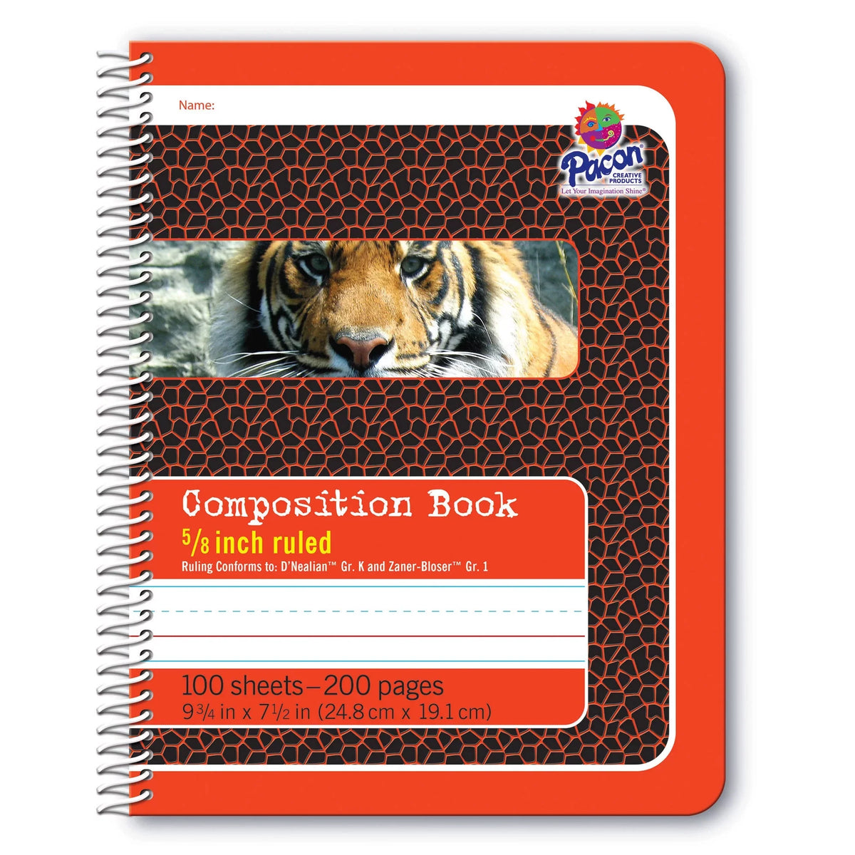 200 Book, 9.75" Pages, Ruled, 7.5", Pack Bound, Red/Tiger, Spiral Composition 12 x 5/8" of Primary