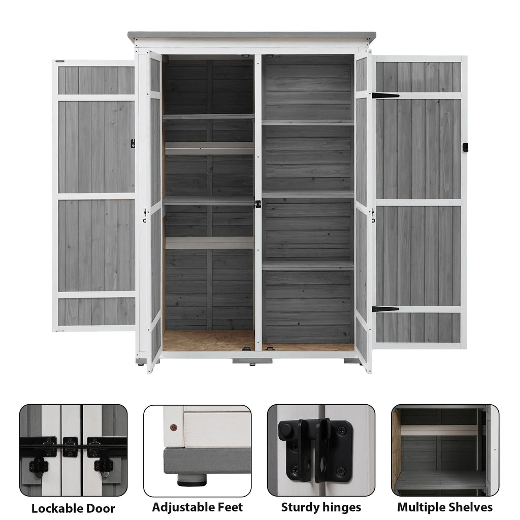 5.5ft Outdoor L Cabinet Gray Shelves, White and Asphalt Multiple-Tier Hx4.1ft Roof, Homiyad Shed, Storage Wood Doors, Lockable with Garden Waterproof Tool Four