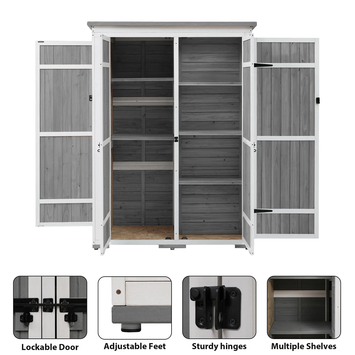 5.5ft Outdoor L Cabinet Gray Shelves, White and Asphalt Multiple-Tier Hx4.1ft Roof, Homiyad Shed, Storage Wood Doors, Lockable with Garden Waterproof Tool Four