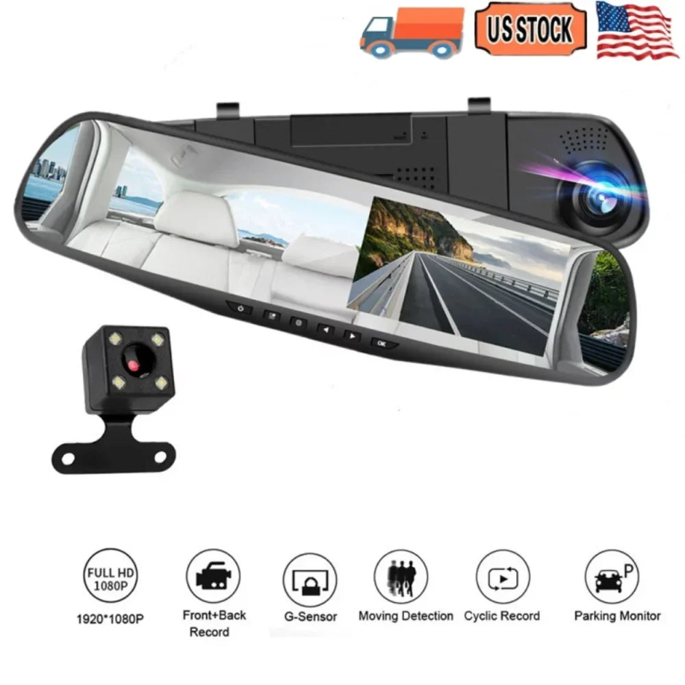 Lens for 4.3" Cam Angle 170°Wide Mirror G-sensor, Dash Monitor, 1080P DVR Car Vision, Dual Rear Motion Cars Rearview Cam Trucks, Camera Night Parking Detection Front Monitor, Car