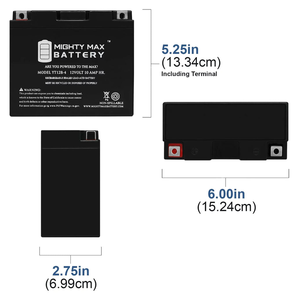 Replacement 10Ah Battery Max Power for GT12B-4 12V SLA YT12B-4