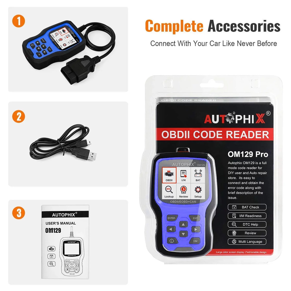 Test Automotive in 1 Scanner OBD2 Battery Full OBD2 Diagnostic Test AUTOPHIX Tool OM129 Battery Charging Function Analyzer Tester 2 Reader OBD Engine 12V Scanner EOBD Automotive Code PRO Cranking Auto
