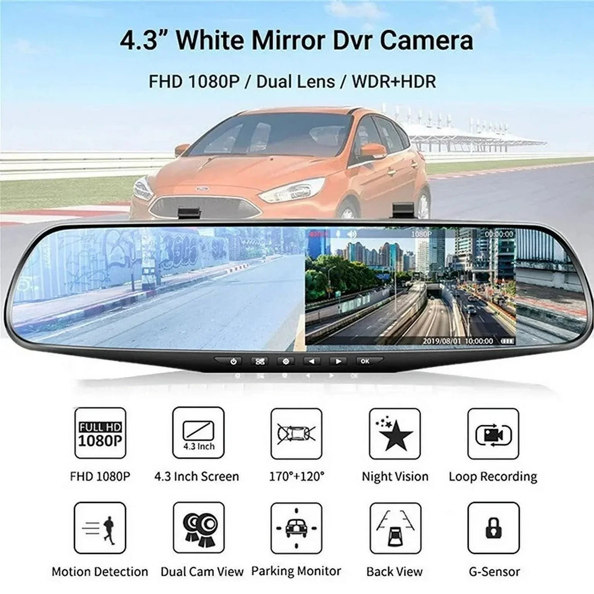 Lens for 4.3" Cam Angle 170°Wide Mirror G-sensor, Dash Monitor, 1080P DVR Car Vision, Dual Rear Motion Cars Rearview Cam Trucks, Camera Night Parking Detection Front Monitor, Car
