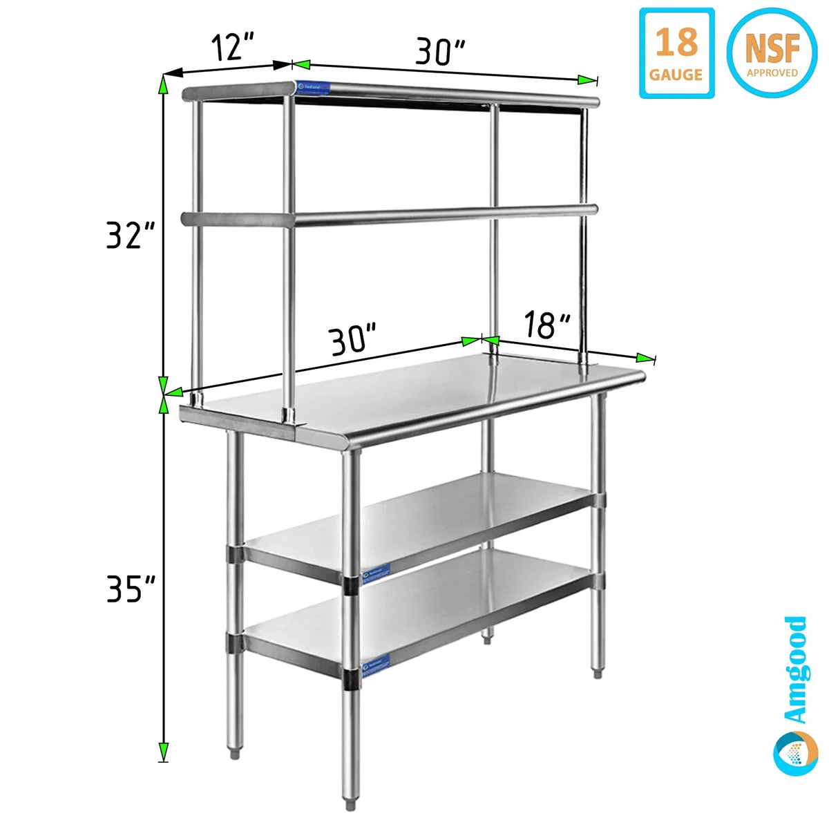 Shelves Combo Work Table Two Shelving Metal & Kitchen Prep Wide 30" Steel Tier | 12" Table 18" Overshelf x Stainless | With Double