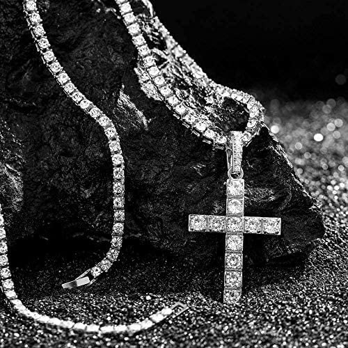 Quartz Lit w/Diamond ST10327RN Out Charles ZZ Out Raymond Wristwatch SLV Matching Cross Blinged Cuban Bracelet Classic Necklace Choose Set SLV Luxury Mens - Iced Set Tennis The - 3pc & (18") Be