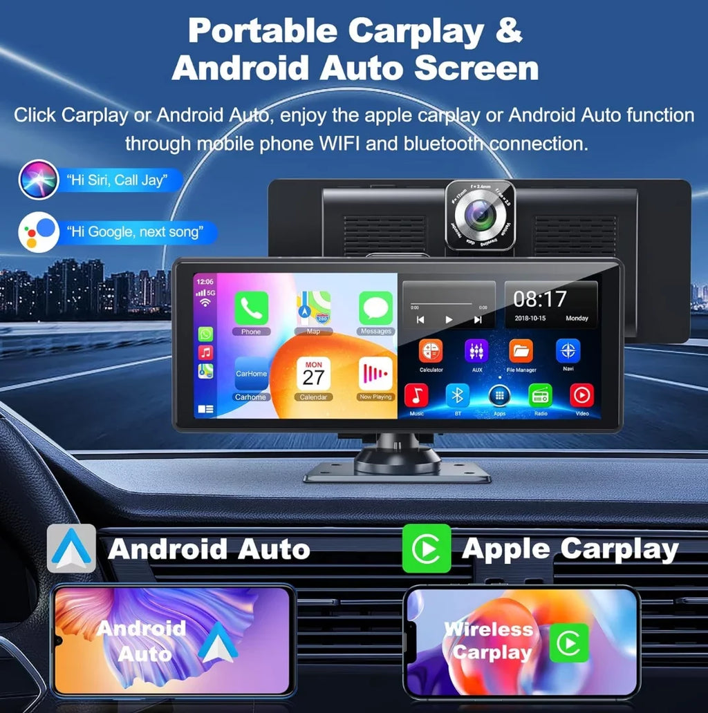 and Inch Portable 4K with Screen,10.26 IPS Wireless HD Carplay& Touchscreen Back-up Car Android Support Auto Camera Bluetooth/Siri/Google/GPS/Mirror-Link Dashcam