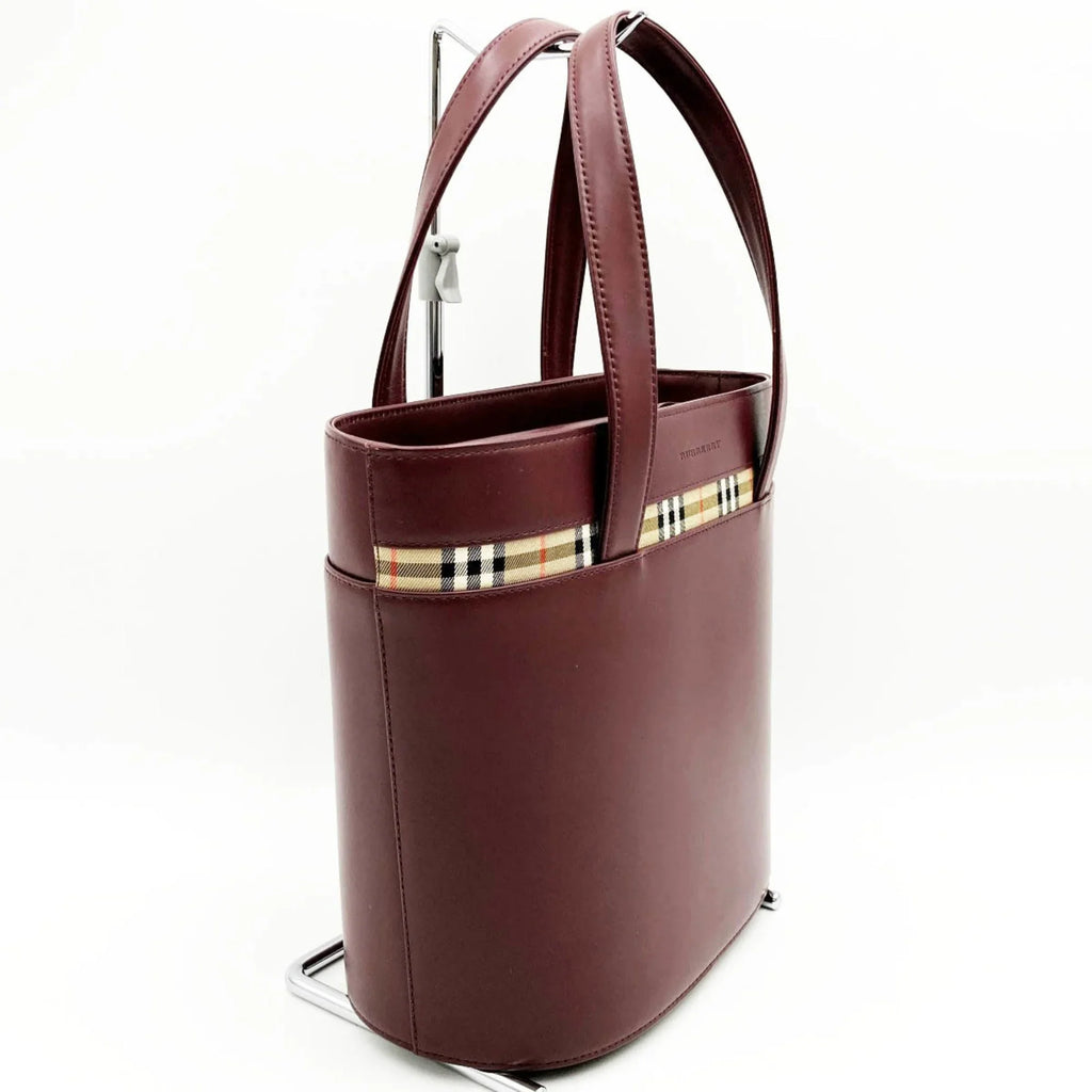 Fashion Leather Pre-Owned Bordeaux USED Ladies Tote Burberry Nova Check Bag Red BURBERRY Handbag (Good) Formal