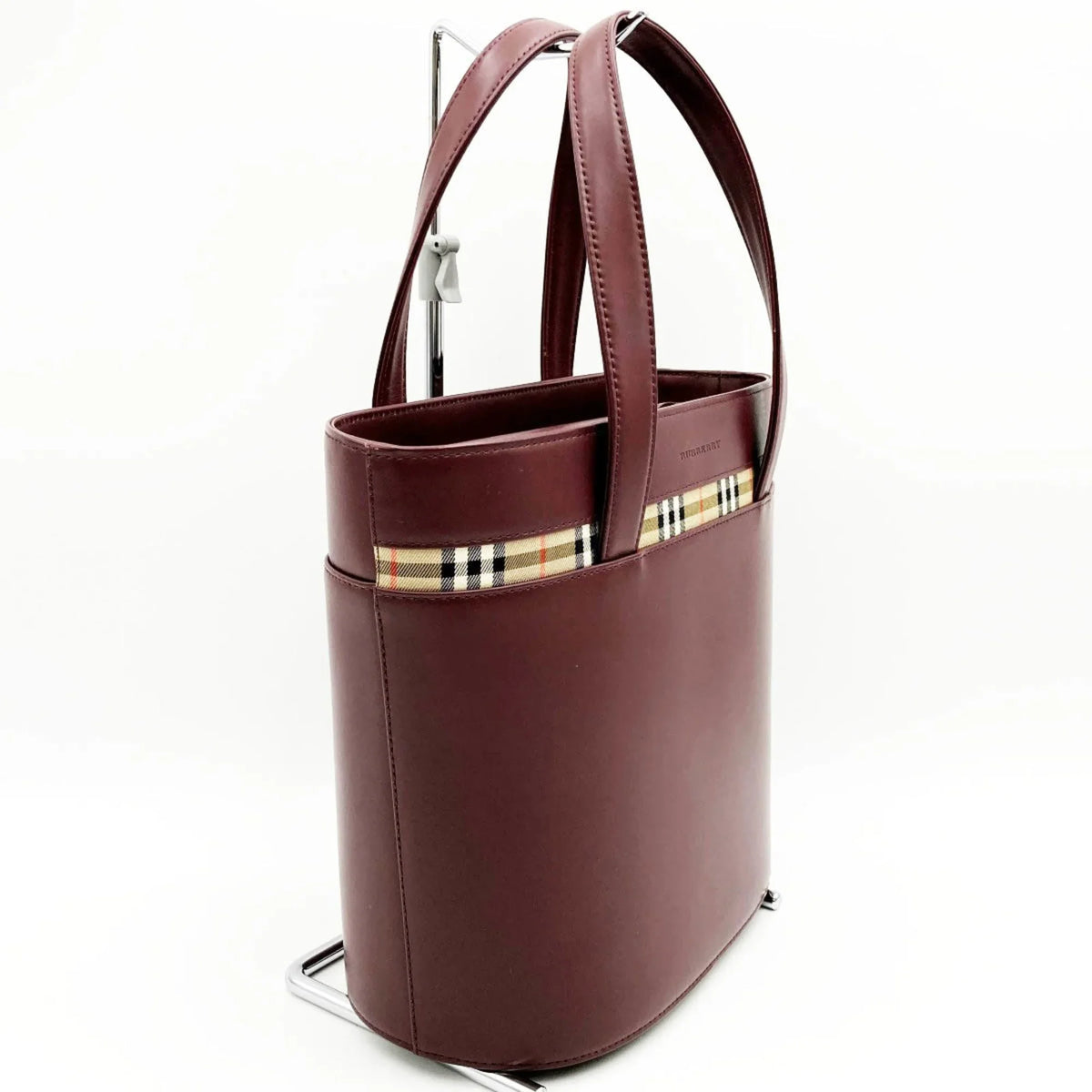 Fashion Leather Pre-Owned Bordeaux USED Ladies Tote Burberry Nova Check Bag Red BURBERRY Handbag (Good) Formal