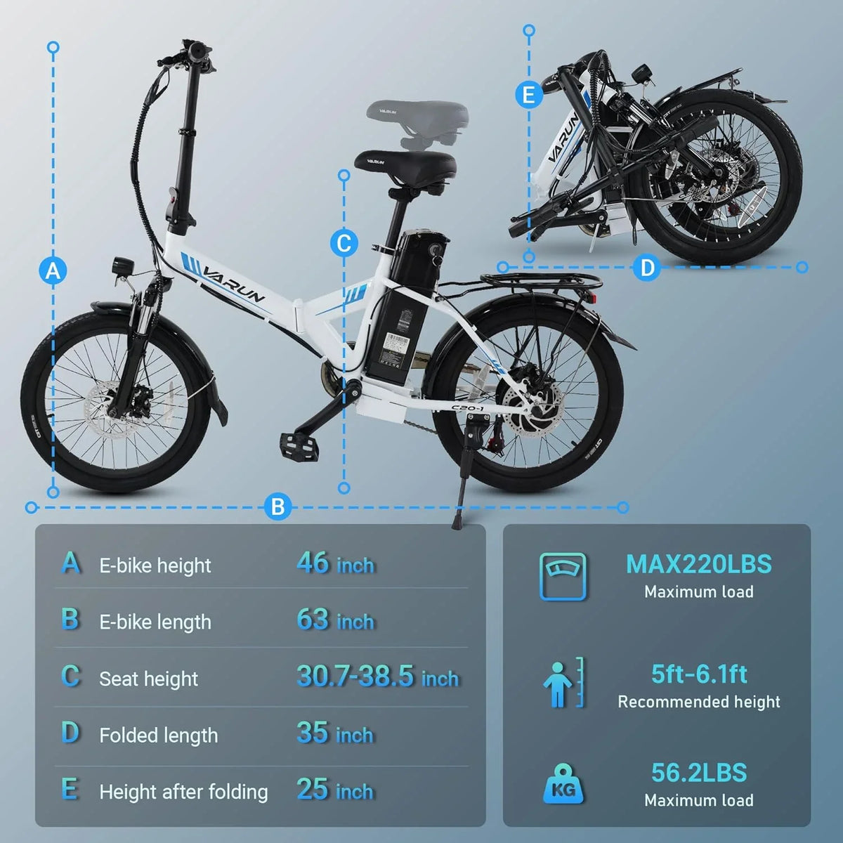 Ebike VARUN Speed 500W for 48V Folding 20MPH Electric Stylish and Lithium 40 Bike 20" Miles - Battery Range Wheels, with