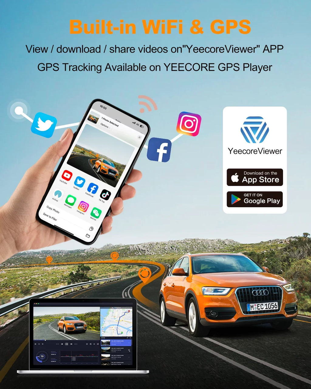 Recording for 3" G-Sensor, Monitor, Angle Cars, Vision, 24H 157°Wide Dash WiFi GPS, HDR Built-in Front Loop Rear, Dash Parking IPS and Camera Dual YEECORE Screen, Night Real Cam, 4K+1080P