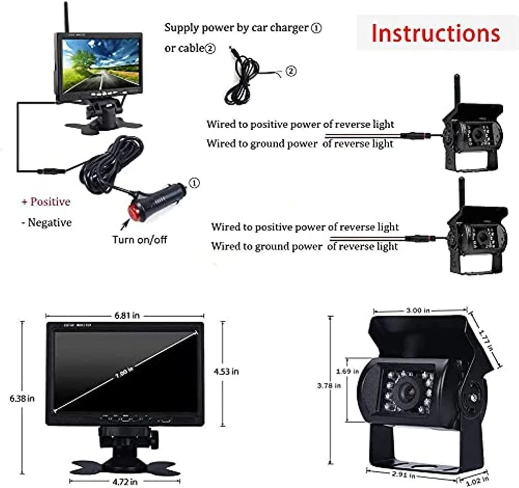 Trucks Rear LCD View Monitor and 7 Wireless Camera for Kit Monitor Trailers RV Bileeko 2 SUV Backup inch Camera Bus