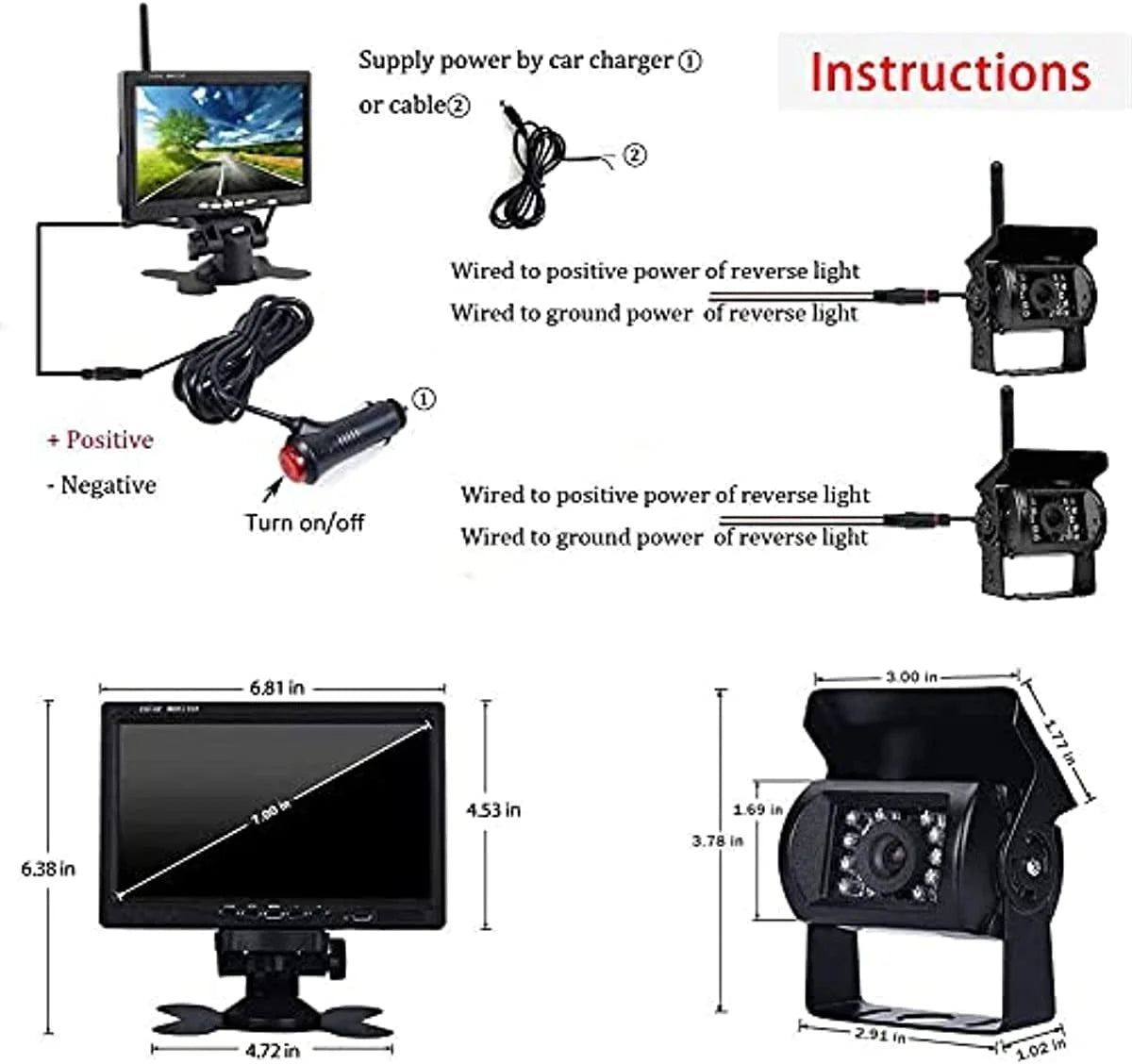 Trucks Rear LCD View Monitor and 7 Wireless Camera for Kit Monitor Trailers RV Bileeko 2 SUV Backup inch Camera Bus