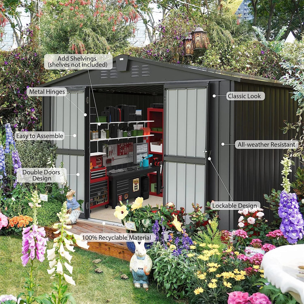with Outdoor Homiyad for Shed Shed Cabinet for Storage Patio, Backyard, 10'X Door Tools, Steel ) 8', Can, Metal Outdoor Bike, Storage (10X8ft, Garden Galvanized Trash Lockable Lawn