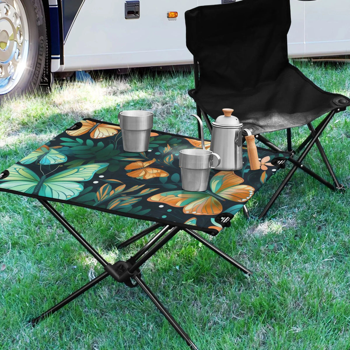Portable Fishing Compact Outdoor BBQ Bag Travel Beach Table Leave Floral Butterfly Camping Folding with Table for Storage Table Picnic