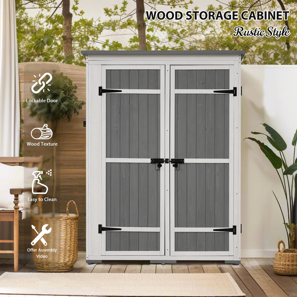 5.5ft Outdoor L Cabinet Gray Shelves, White and Asphalt Multiple-Tier Hx4.1ft Roof, Homiyad Shed, Storage Wood Doors, Lockable with Garden Waterproof Tool Four