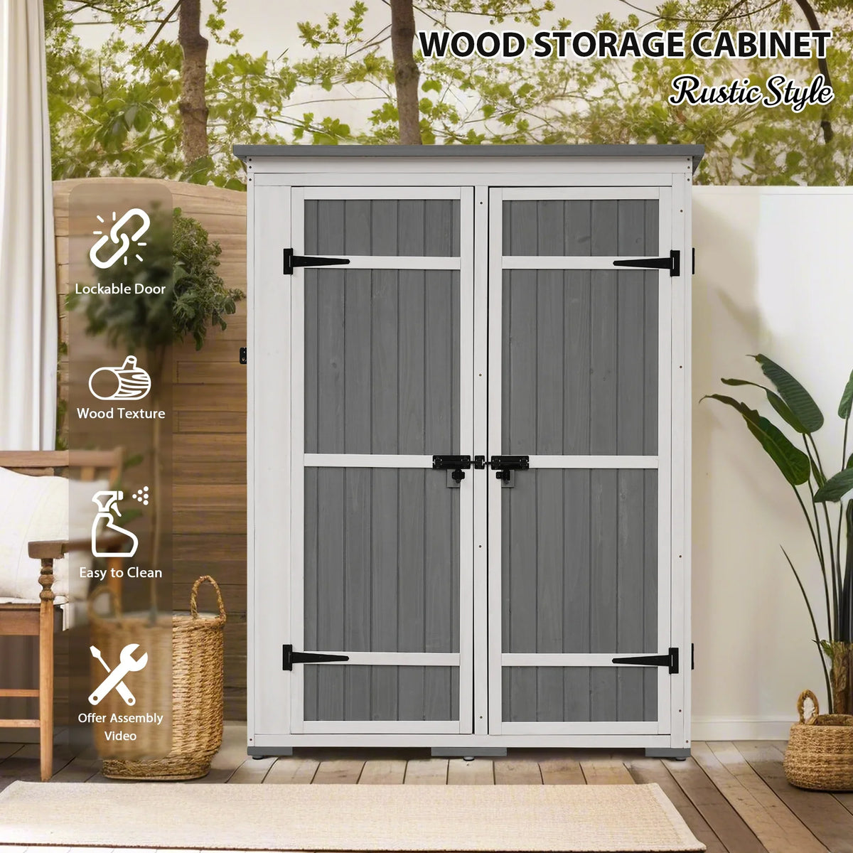 5.5ft Outdoor L Cabinet Gray Shelves, White and Asphalt Multiple-Tier Hx4.1ft Roof, Homiyad Shed, Storage Wood Doors, Lockable with Garden Waterproof Tool Four