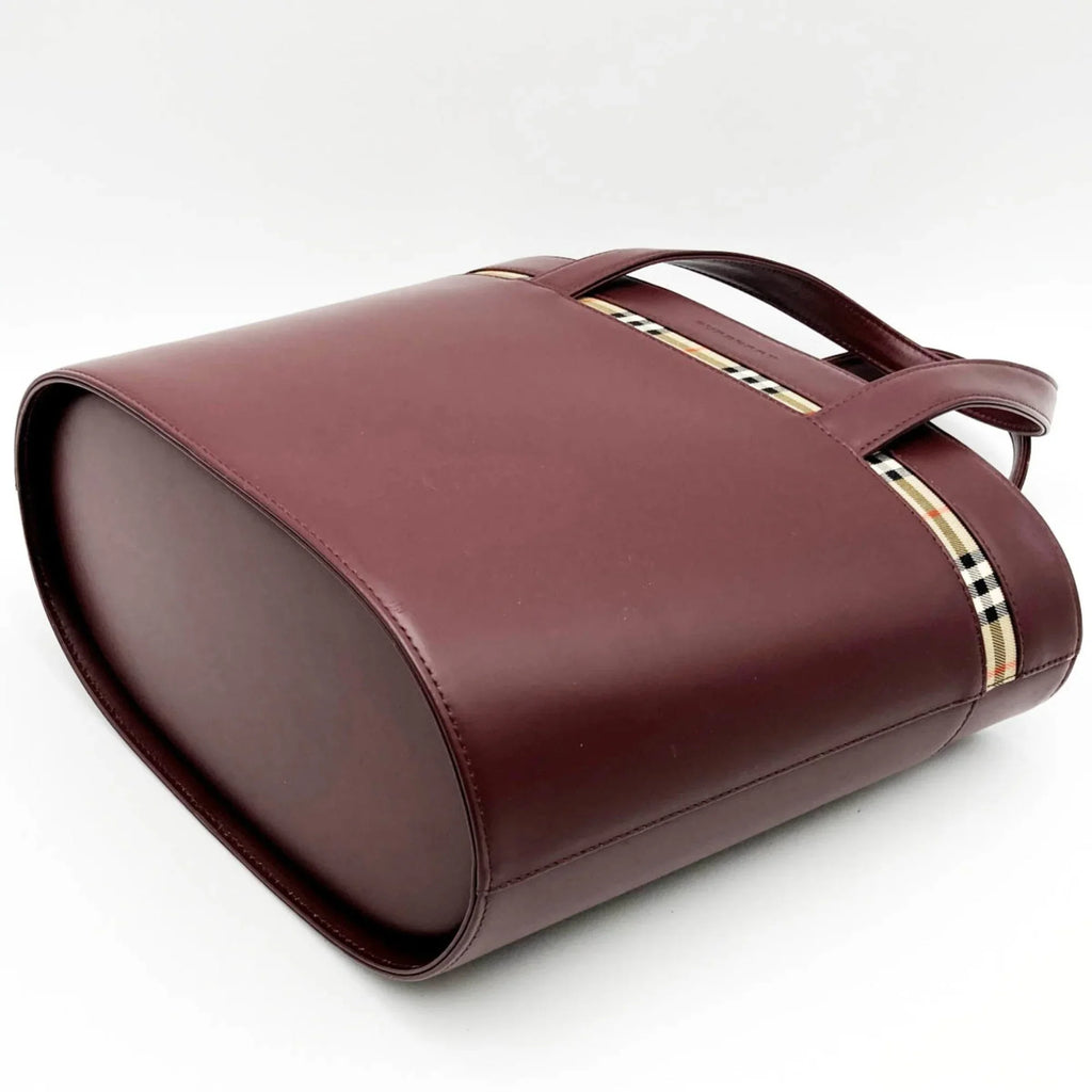 Fashion Leather Pre-Owned Bordeaux USED Ladies Tote Burberry Nova Check Bag Red BURBERRY Handbag (Good) Formal