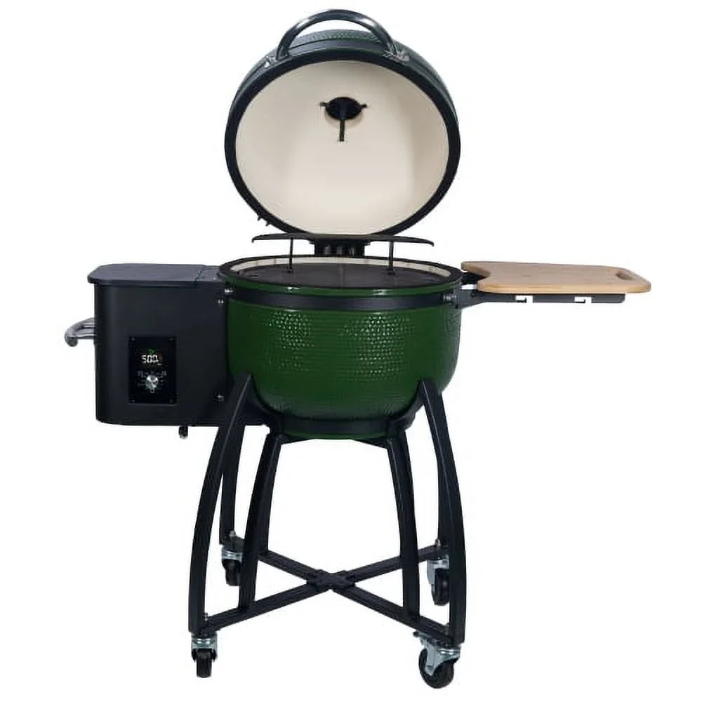 4-in-1 Pellet with Ceramic Gridiron Grill Patio,Green Outdoors diameter Liner Smoked BBQ 24" Roasted Double Ceramic for 19.6" Pan-roasted MADETEC