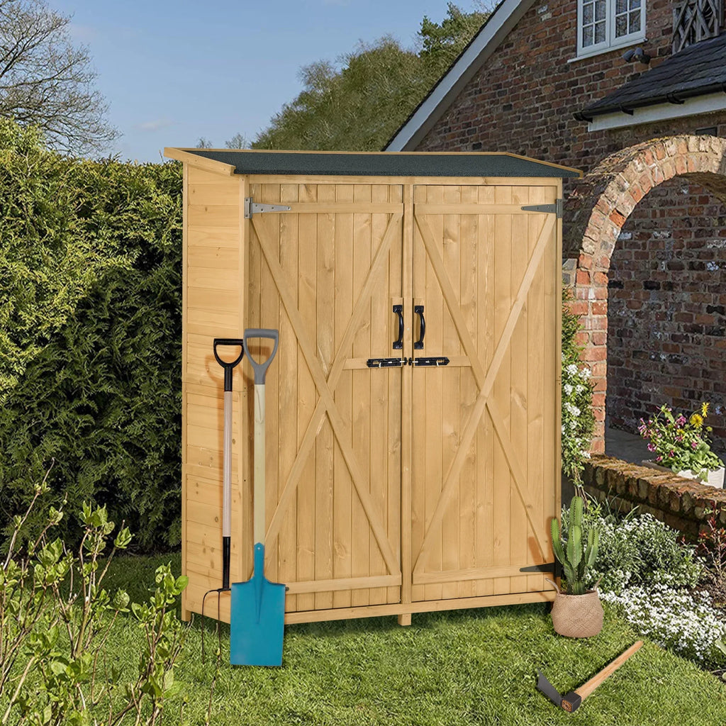 Roof, Outdoor Storage Lockable Shed, 3-tier L Tool Hx4.6ft Shelves Cabinet 5.3ft Wood with Organizer,Garden Asphalt Doors, Storage Double Waterproof Shed Backyard, for Natural