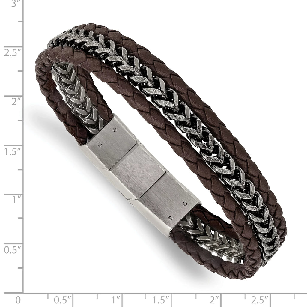 0.5 with Brushed Bracelet Antiqued Stainless Steel Brown Primal Extension Inch Leather and Steel
