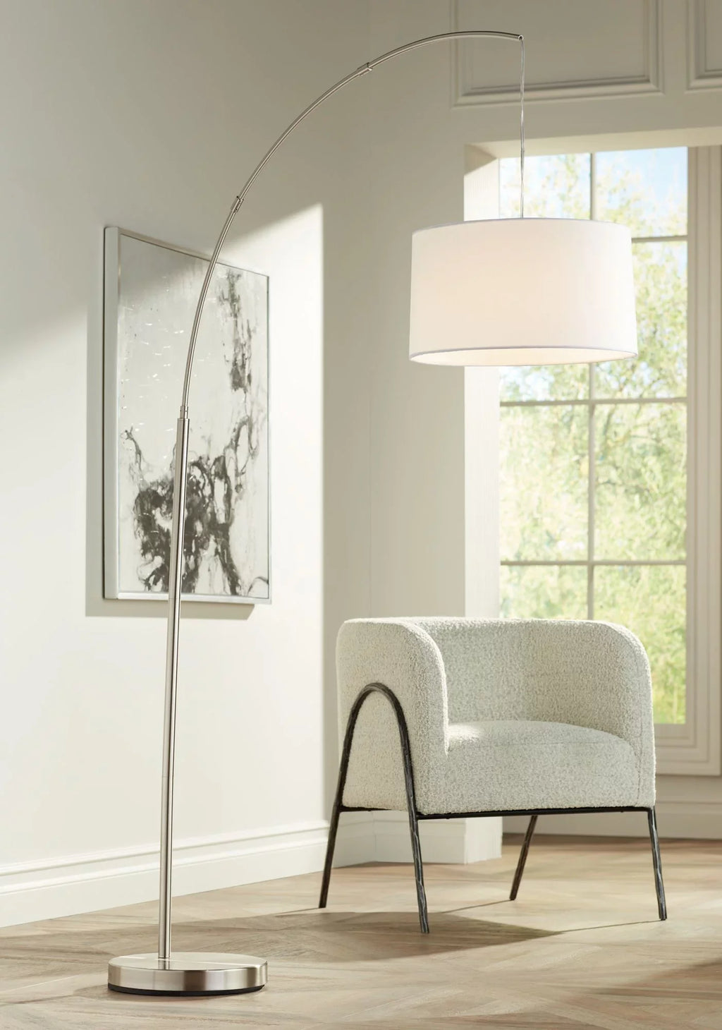 Lighting Modern 360 Reading Nickel 72" Metal White Linen House Living Lamp Shade Arc Floor Brushed Bedroom Drum Cora for Standing Office Room Tall