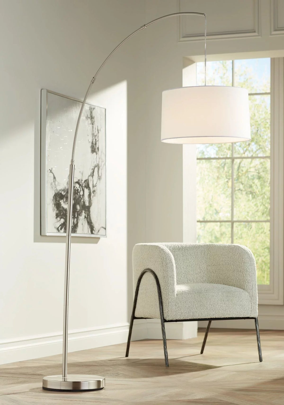 Lighting Modern 360 Reading Nickel 72" Metal White Linen House Living Lamp Shade Arc Floor Brushed Bedroom Drum Cora for Standing Office Room Tall