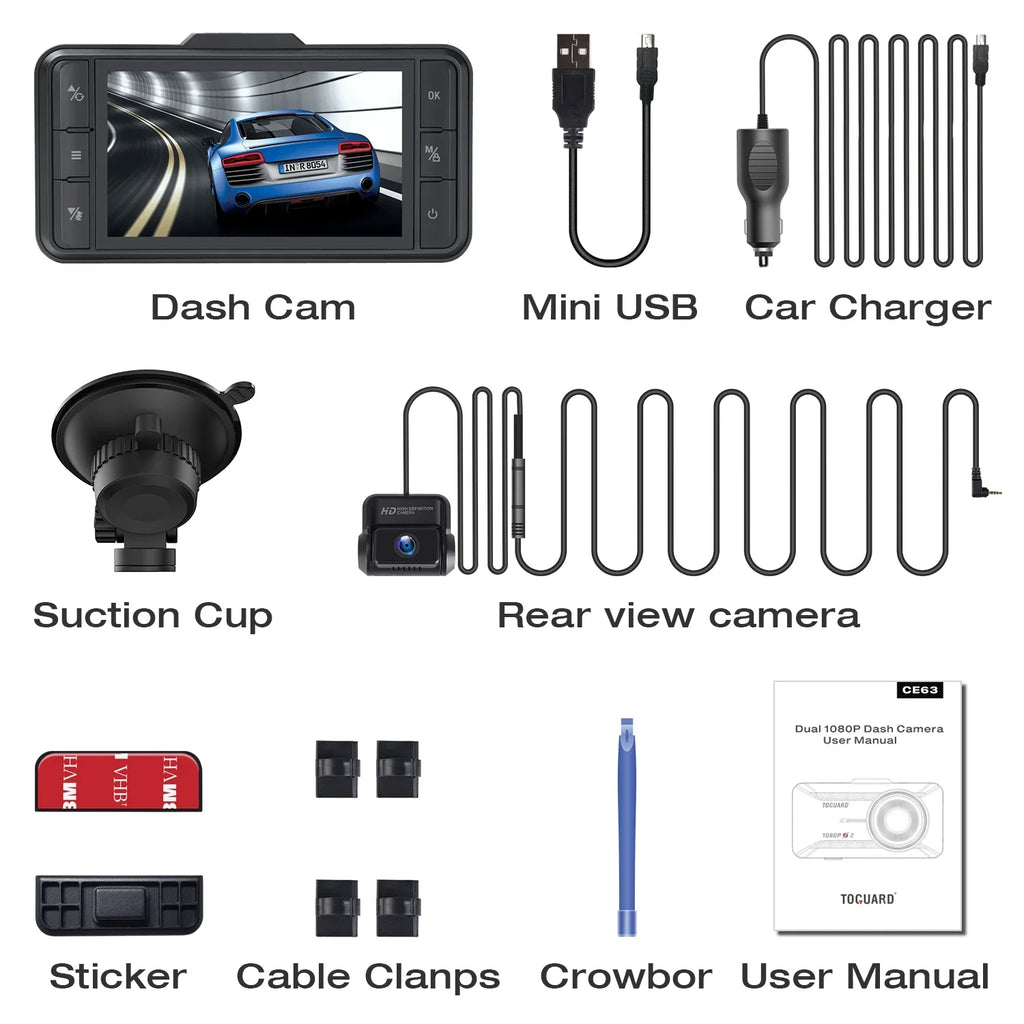 Cam TOGUARD Camera GPS and Dual Dash Car Rear G-Sensor Front Loop IPS FHD Dash 1080P WDR Recording 3" Camera