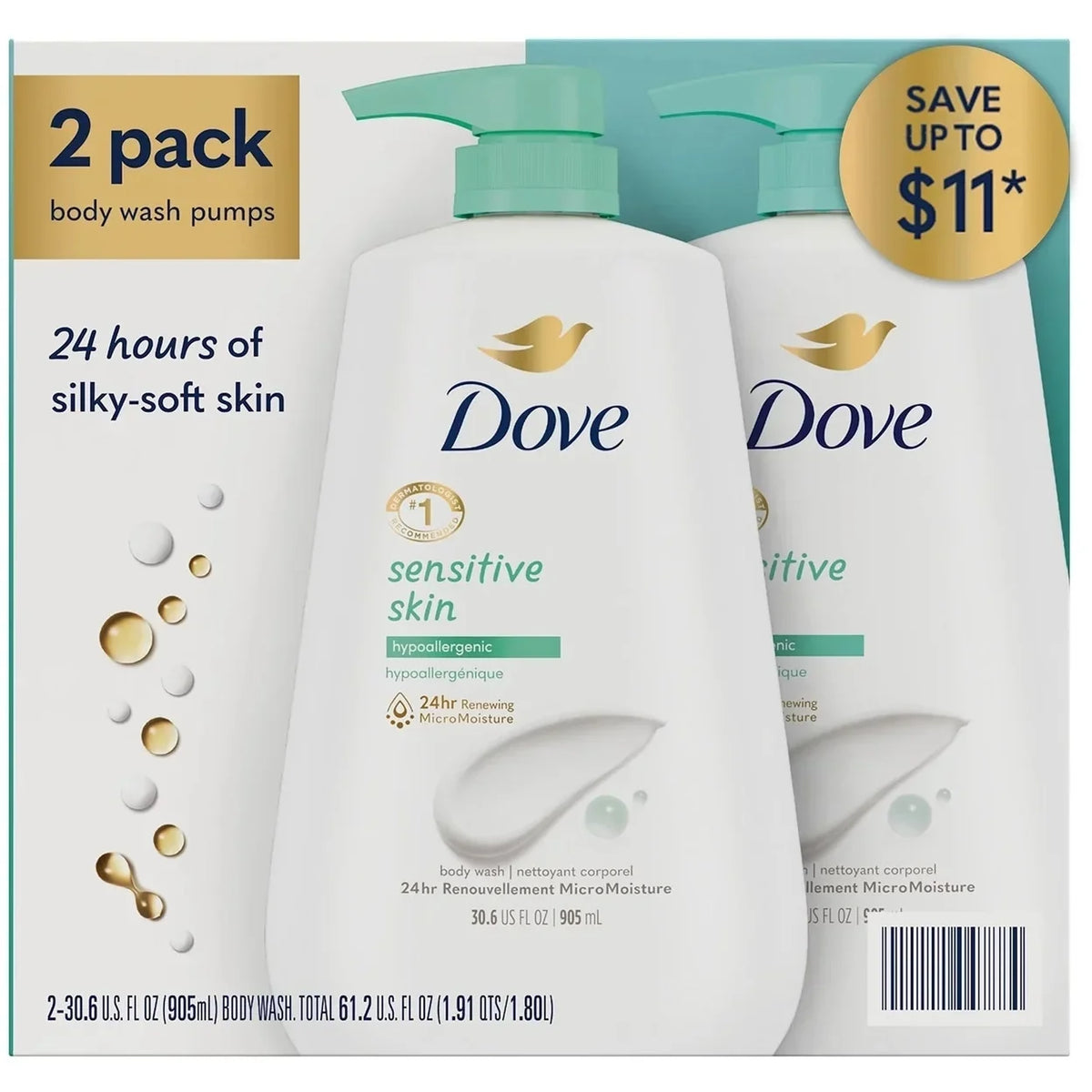 Wash 2) Skin (Pack 30.6 Body of Hypoallergenic Fluid Sensitive Ounce Dove