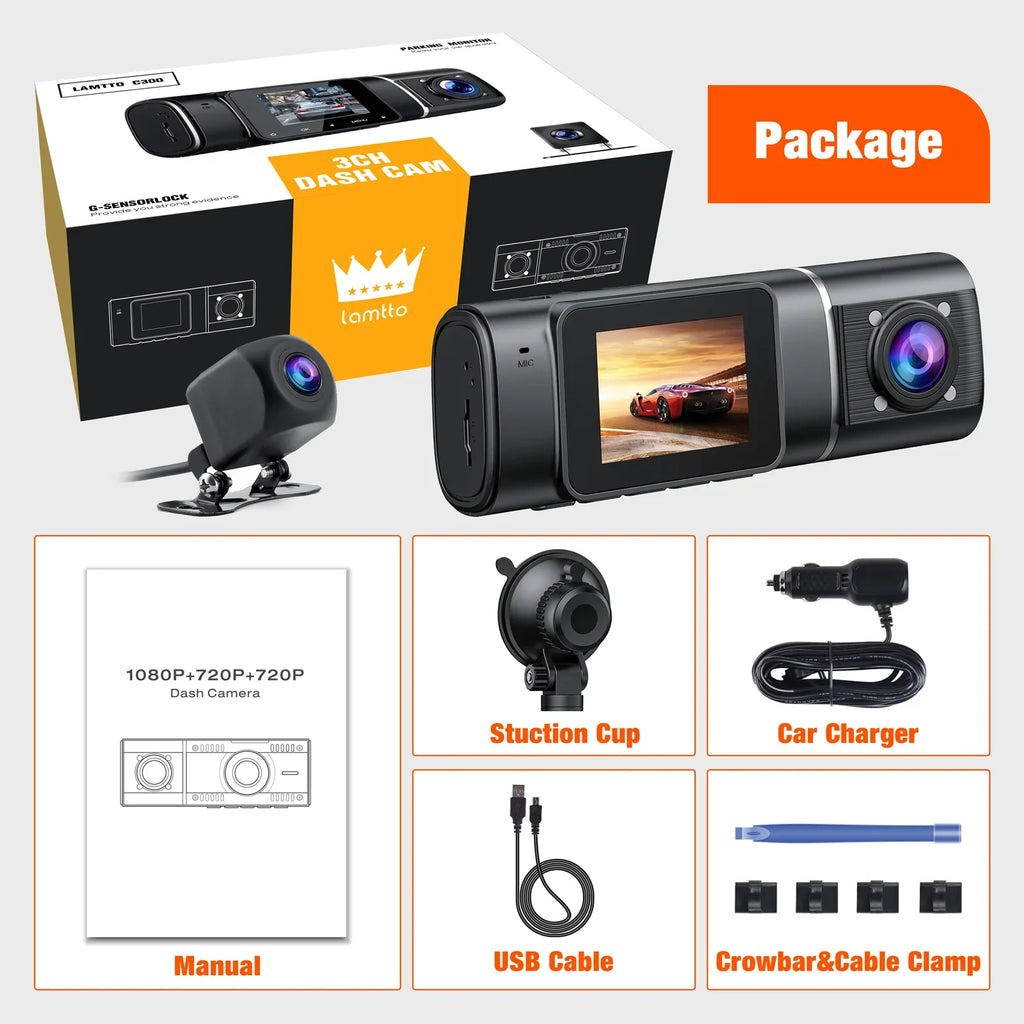 Cam Dash Motion IR with Lock Channel Car Detection and Camera TOGUARD Dash 3 Way Monitor Inside 1080P Vision Front Parking Camera Night Accident Rear Triple Three